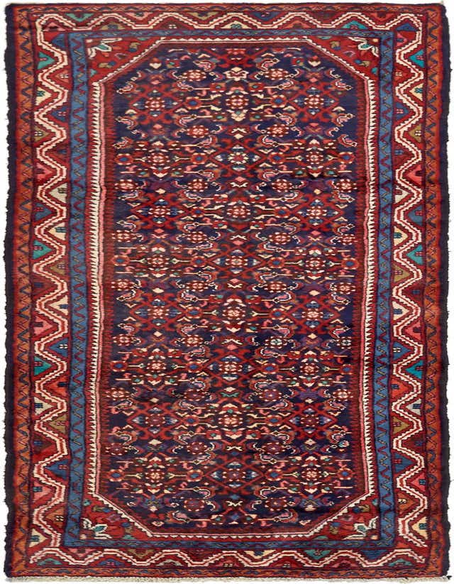 A 10 ft Hossainabad runner rug in traditional Persian tribal style, featuring intricate blue, red, and ivory patterns on a navy background, perfect for a hallway.