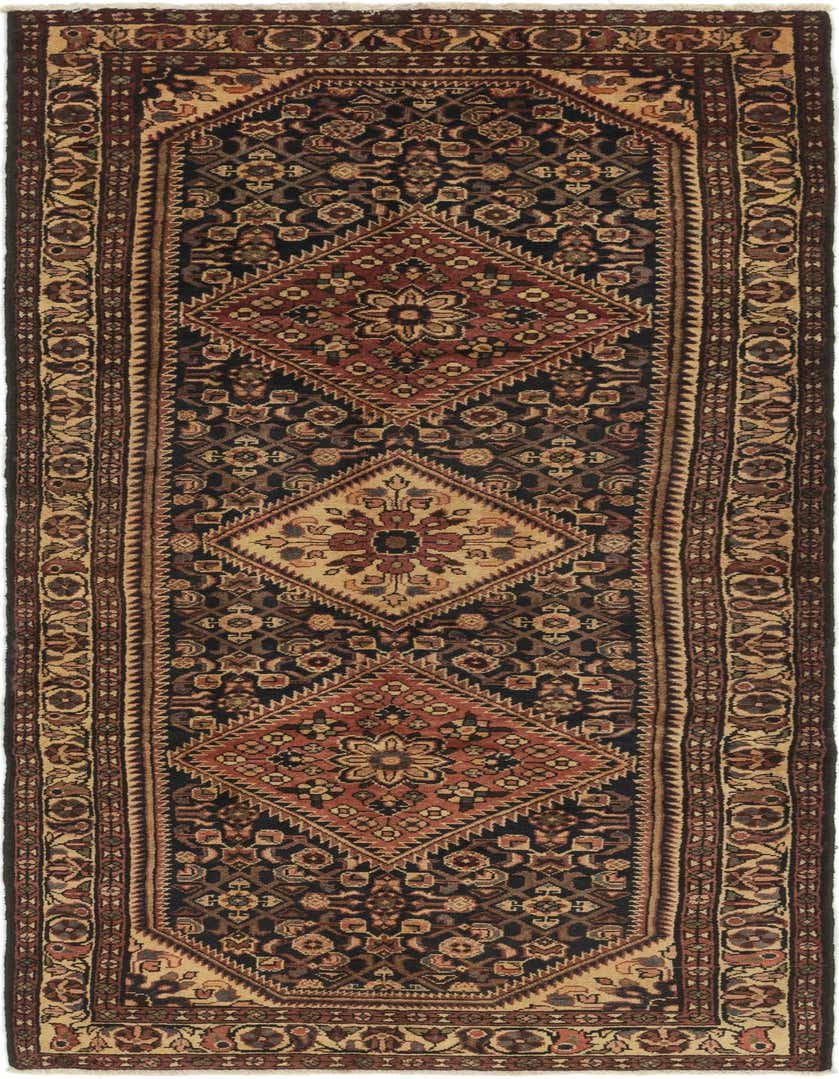 A 10 ft runner rug in traditional Persian style, featuring a navy blue field with red, gold, and brown tribal medallions and floral motifs.