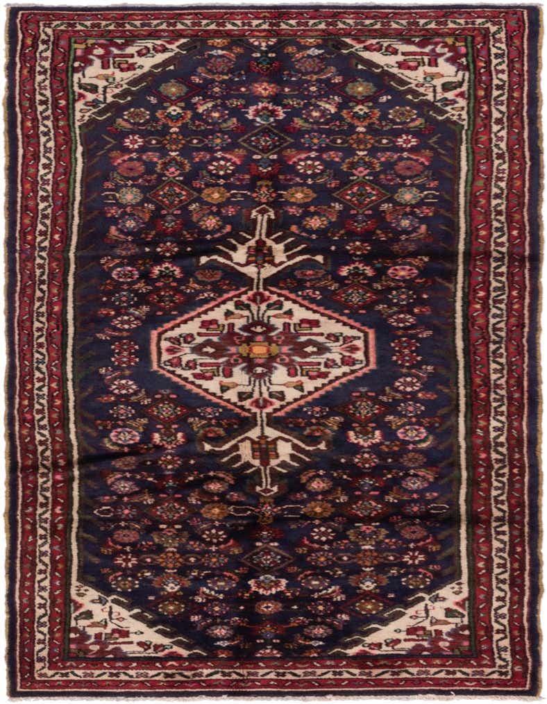 A 10 Ft Hossainabad runner rug in navy blue with a traditional Persian medallion pattern and a red border, ideal for hallways.