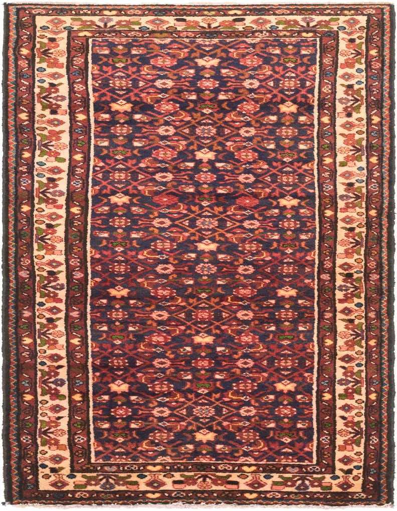A 10 Ft Hossainabad runner rug with a navy blue field and traditional Persian floral and geometric patterns in red, beige, and green.