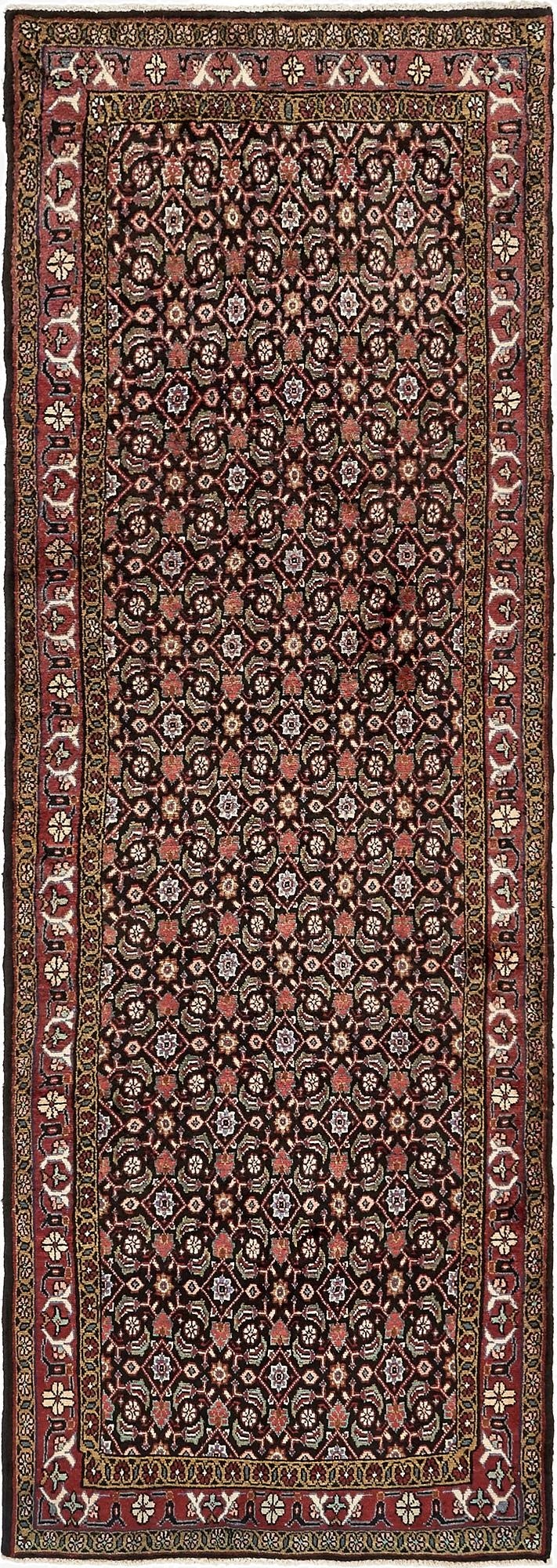  3' 4 x 9' 9  Hand Knotted Hossainabad Persian Wool Runner Rug