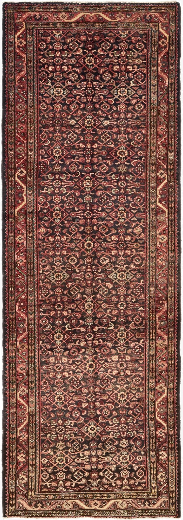  3' 8 x 11' 2  Hand Knotted Hossainabad Persian Wool Runner Rug