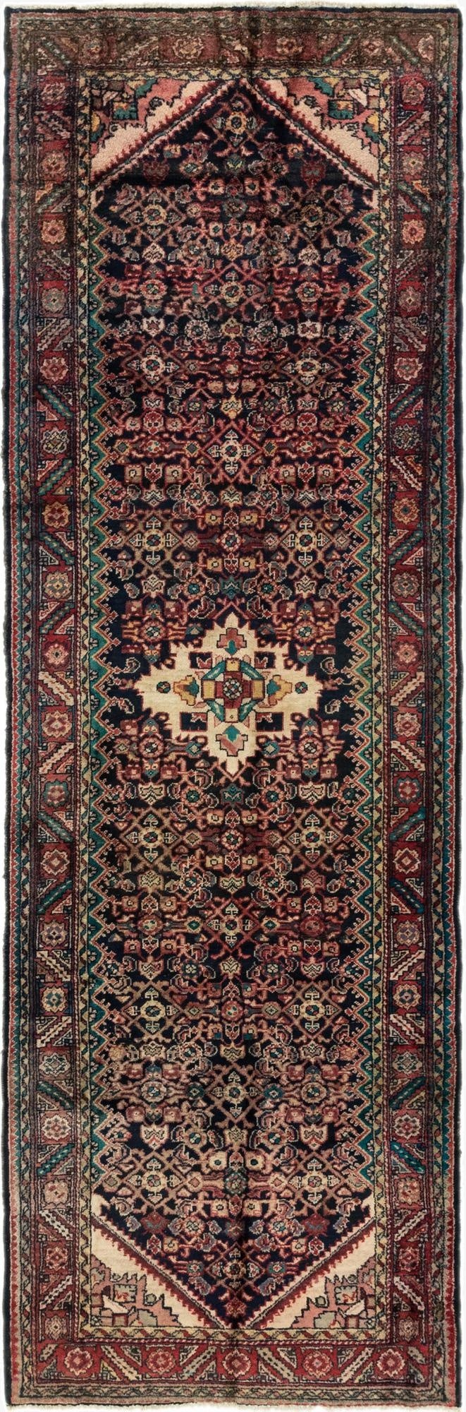  3' 8 x 11' 4  Hand Knotted Hossainabad Persian Wool Runner Rug