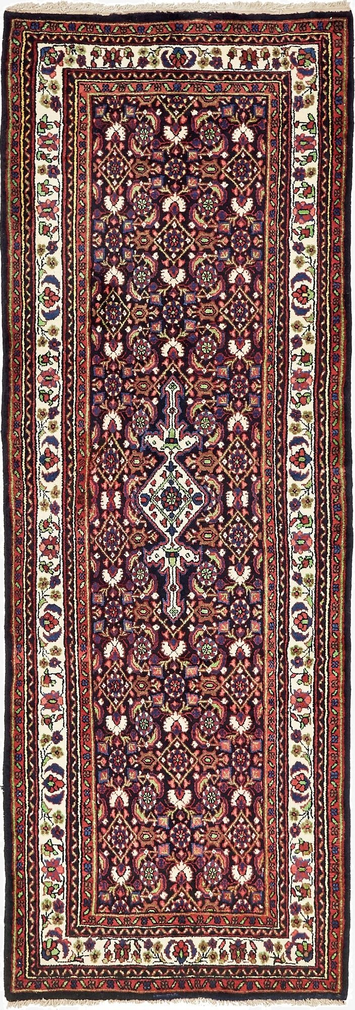  3' 7 x 10' 5  Hand Knotted Hossainabad Persian Wool Runner Rug