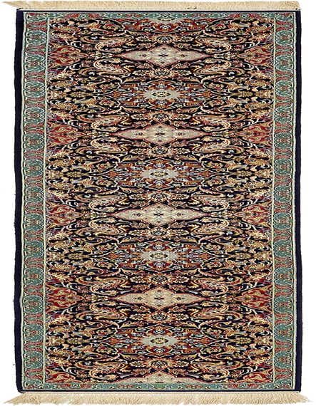 A 10 ft runner rug from the Isfahan Collection, featuring a traditional Persian botanical pattern in blues, reds, and gold on a dark background, with fringe.