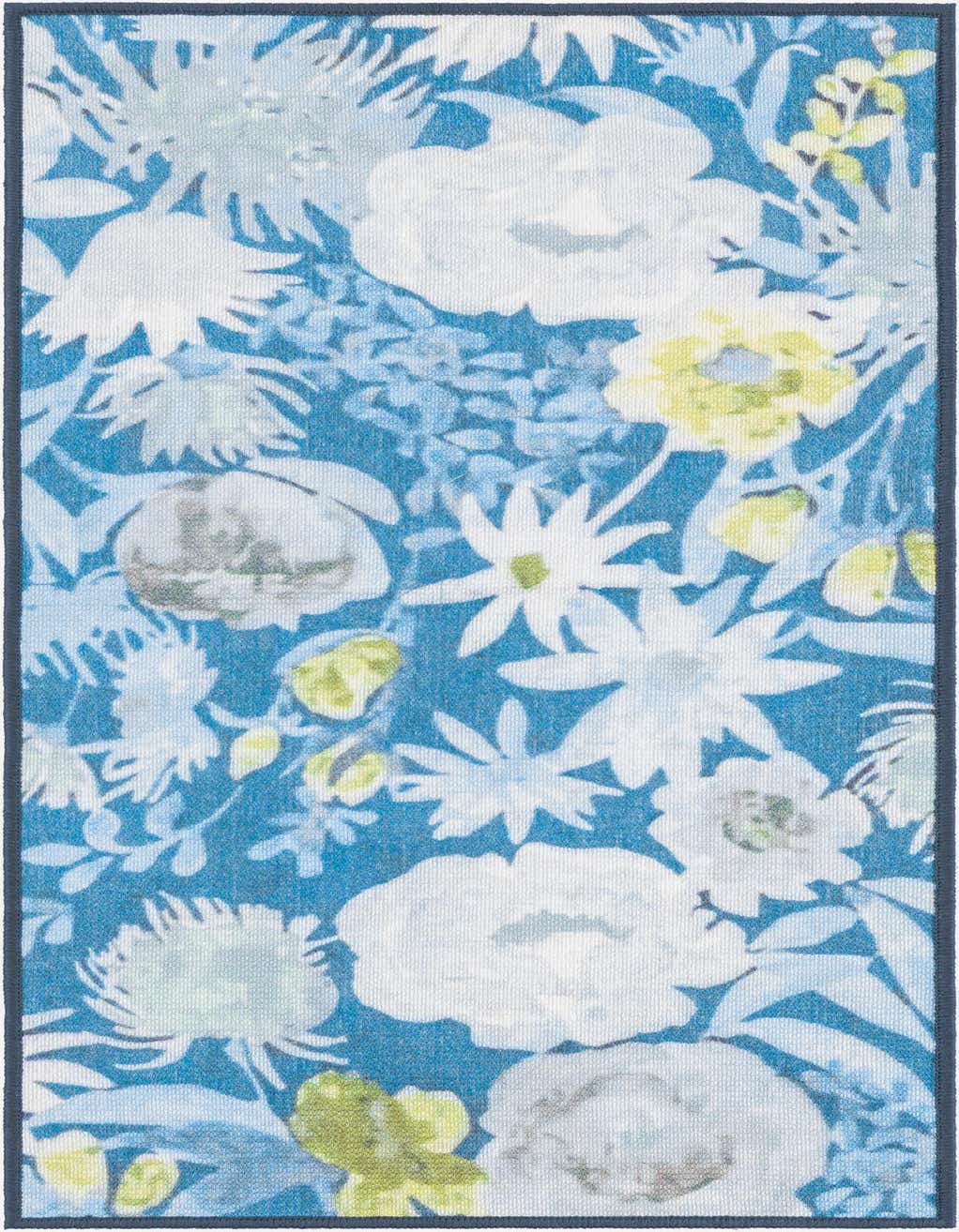 A 4 ft runner rug featuring a vibrant tropical floral pattern in shades of blue, white, and yellow-green, ideal for a hallway or patio.