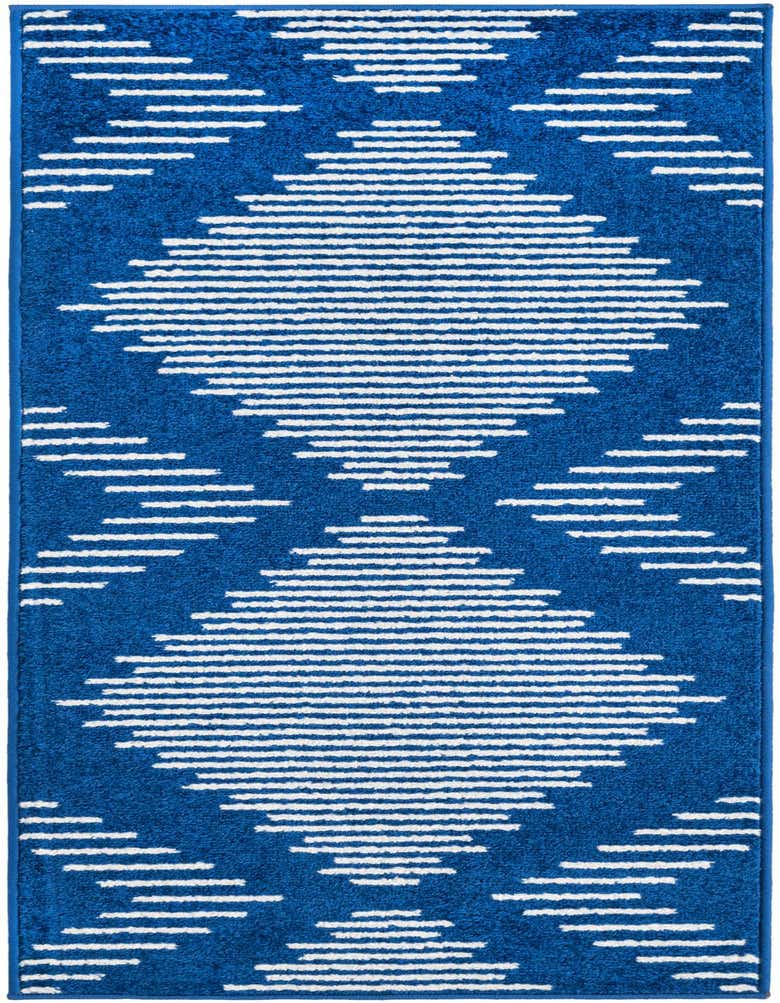 A 5 ft runner rug from the Rugs.com Kai Collection, featuring a vibrant blue background with a modern white striped diamond pattern, ideal for hallways.