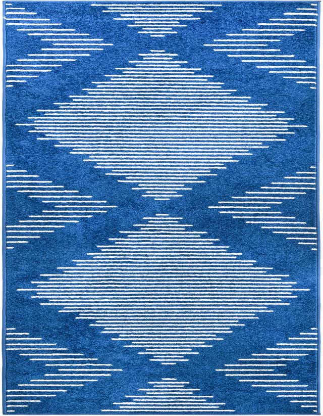 A long 8 ft runner rug in deep blue with a modern geometric pattern of horizontal white stripes forming large diamonds.