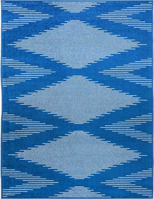 A long blue runner rug with a repeating pattern of horizontal white stripes forming large diamonds, perfect for a hallway.