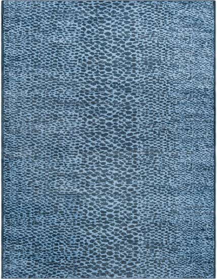 A 12 ft runner rug with an abstract modern pattern in varying shades of blue, ideal for a hallway.