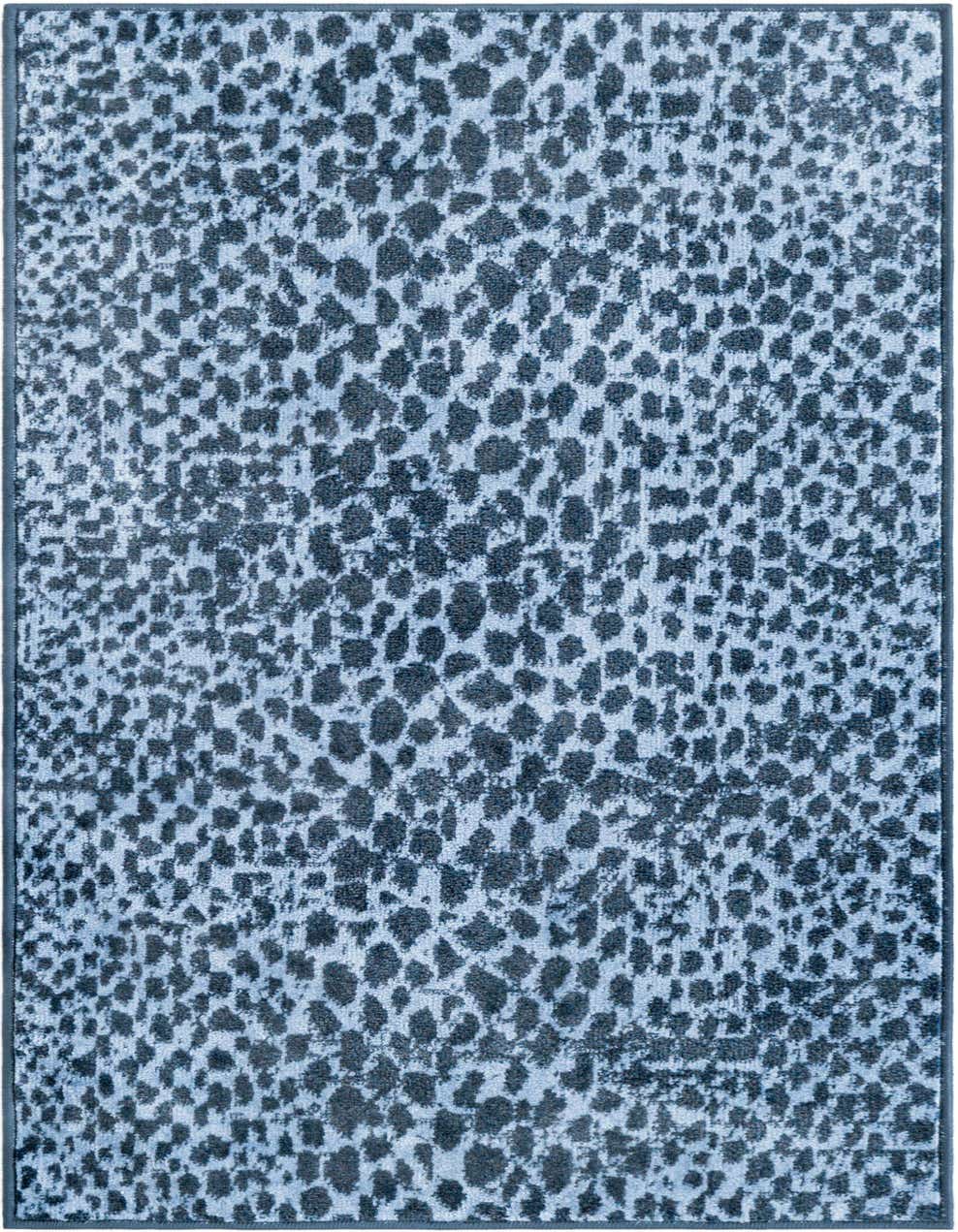 A 4 ft runner rug featuring an abstract, modern pattern of dark blue spots on a lighter blue background, perfect for a hallway.