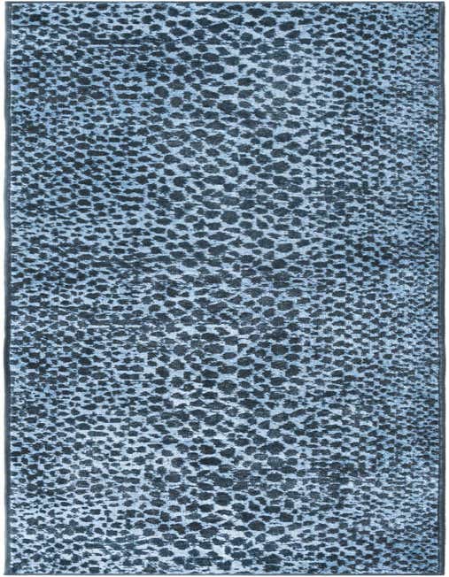 A long 8 ft runner rug featuring a modern abstract pattern in varying shades of blue, ideal for a hallway.