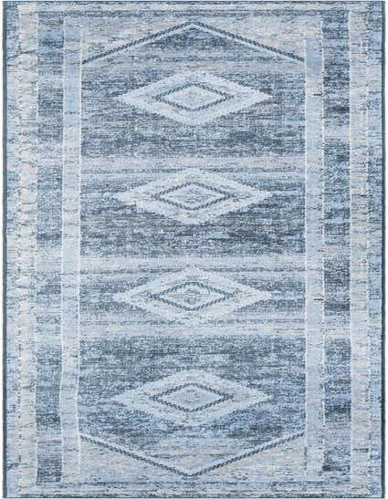 A 12 ft runner rug with a distressed traditional medallion pattern in varying shades of blue, ideal for a hallway.