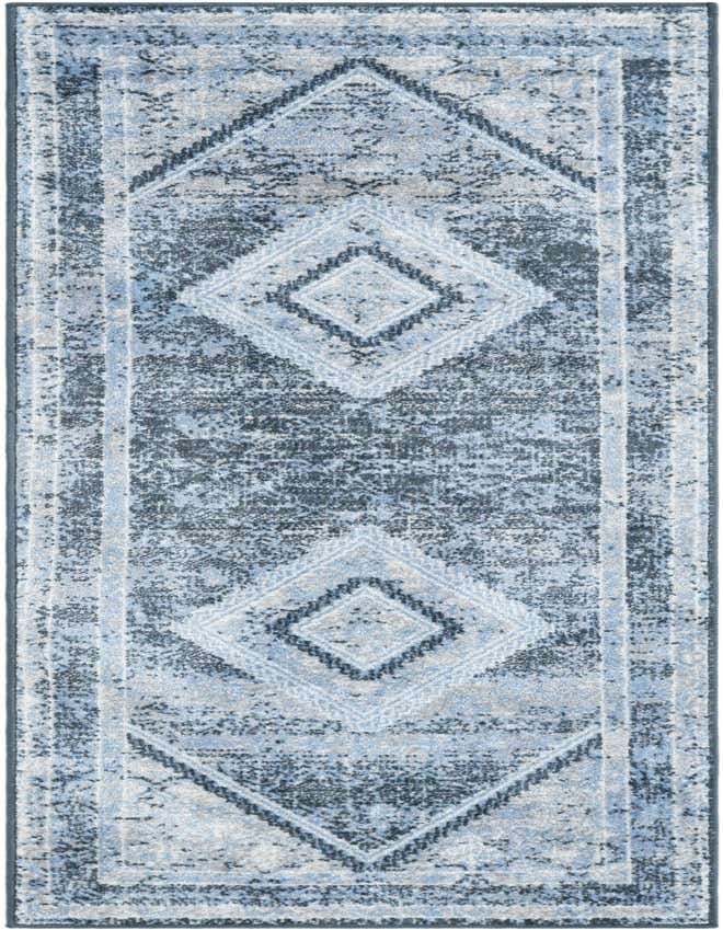 A 6 ft runner rug from the Kamala Washable collection, featuring a distressed traditional medallion pattern in shades of blue and grey, ideal for a hallway.