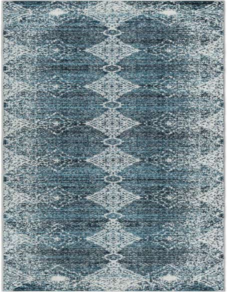 A 12 ft runner rug from the Kamala Washable collection, featuring a distressed traditional medallion pattern in shades of blue and white.