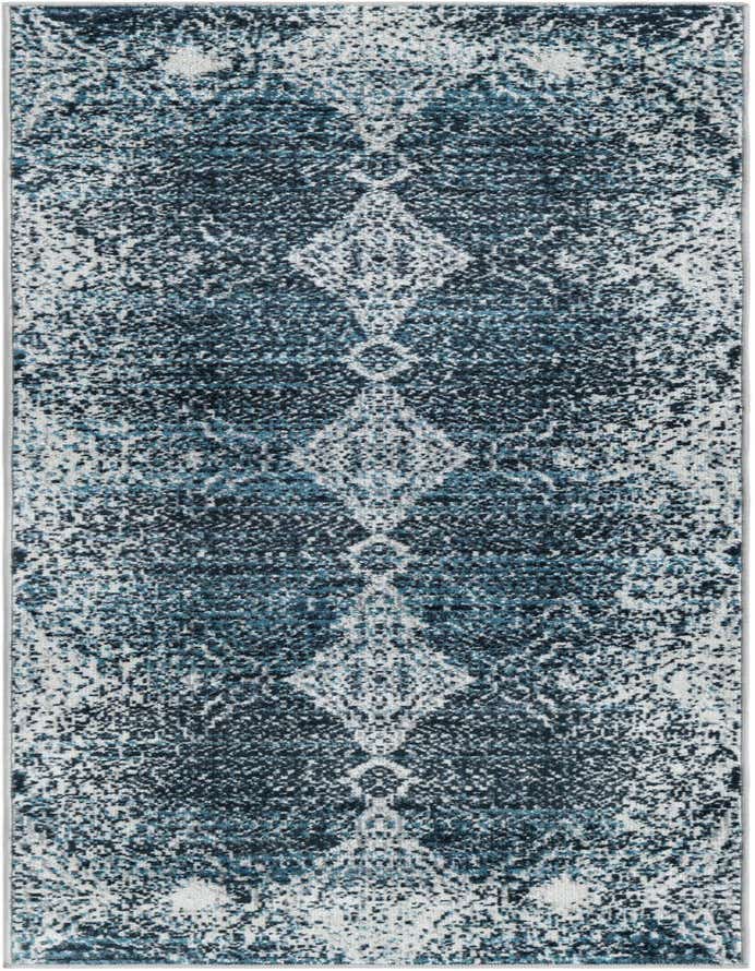 A 6 ft runner rug with a distressed navy blue and light blue traditional medallion pattern, ideal for a hallway.