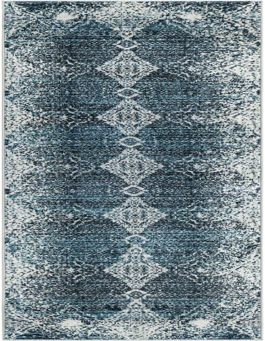 An 8 ft runner rug in shades of blue with a distressed traditional medallion pattern, ideal for a hallway.