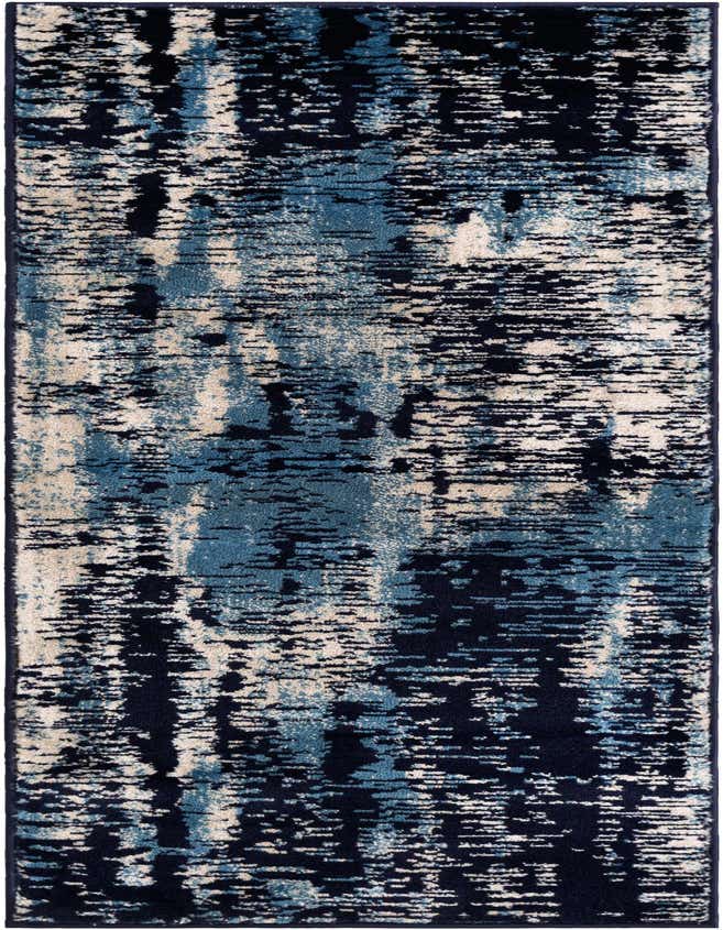 A 6 ft runner rug with an abstract pattern in shades of navy blue, light blue, and cream, suitable for a hallway or kitchen.