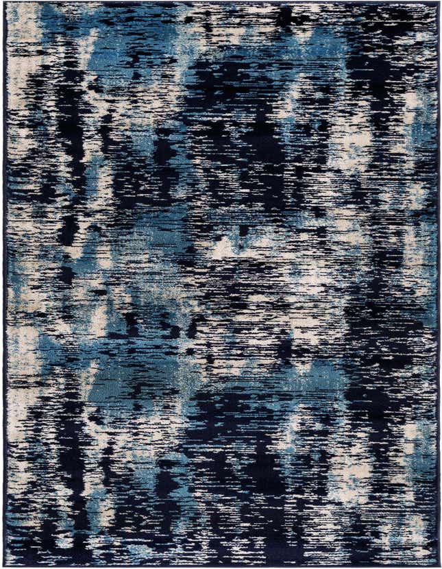 A long 8 ft runner rug with an abstract, coastal-inspired pattern in shades of navy blue, light blue, and cream, ideal for a hallway.