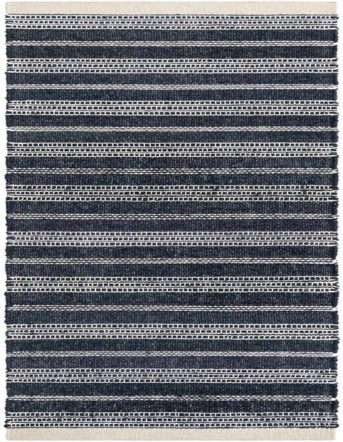 A 12 ft Lariat runner rug in navy blue and off-white, featuring thick horizontal stripes with a textured, flatweave pattern, ideal for a hallway.