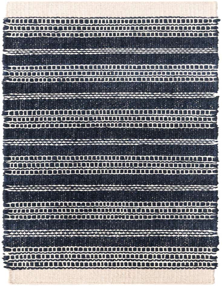 A 6 ft runner rug with thick navy blue stripes alternating with thin off-white textured stripes, ideal for a hallway.