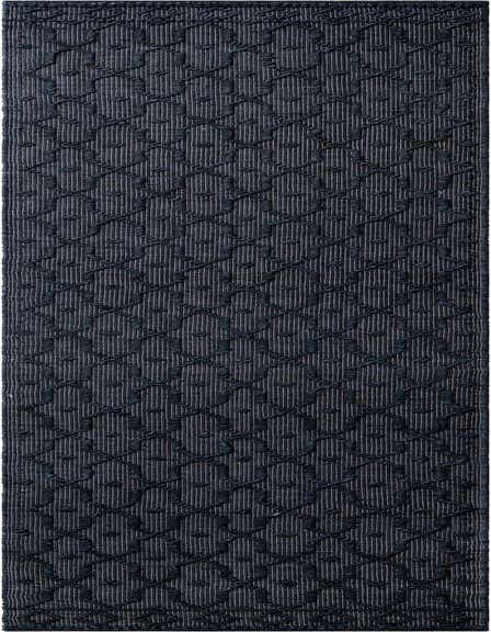 A 12 ft navy blue jute runner rug with a modern trellis pattern and textured pile, perfect for a hallway.