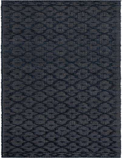 A 14 ft Larsa Jute runner rug in navy blue with a modern trellis pattern, ideal for a hallway.