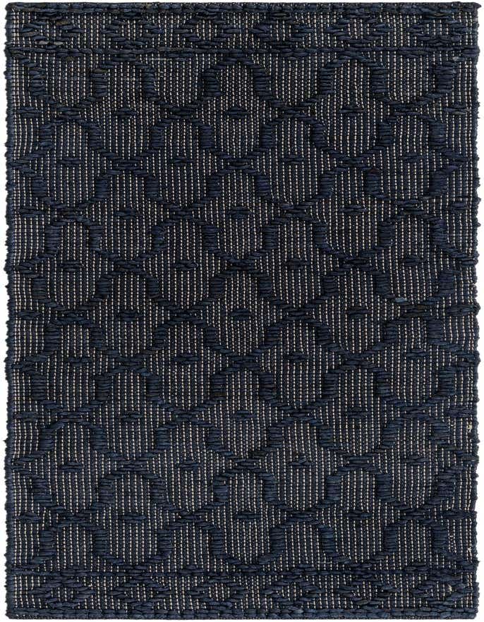 A 6 ft runner rug in navy blue jute and cotton, featuring a modern trellis pattern with a textured, high pile.