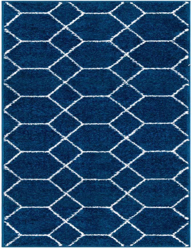 A 6 ft runner rug featuring a modern trellis pattern with white hexagons on a deep navy blue background.