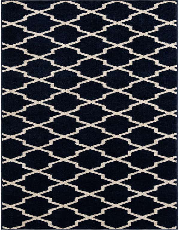 A 12 ft navy blue runner rug with a repeating cream-colored modern lattice pattern, ideal for a hallway.
