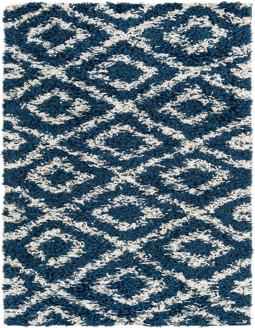 A 5 ft runner rug in navy blue and white, featuring a modern geometric lattice shag pattern, perfect for a hallway.