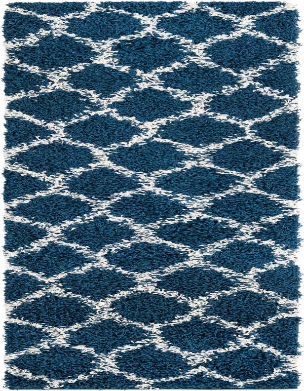 A 7 ft runner rug featuring a plush, high-low pile in navy blue with a modern white lattice pattern, ideal for a hallway.
