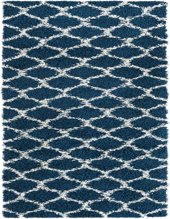 A 10 ft runner rug featuring a modern navy blue and white lattice shag pattern, ideal for hallways.