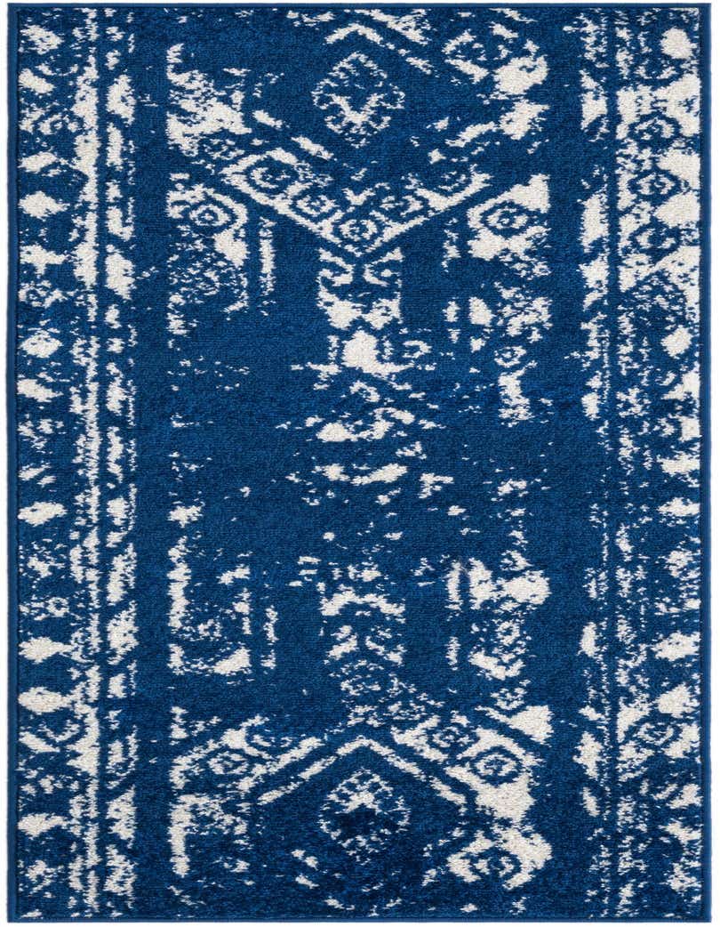 A 5 ft runner rug in navy blue and off-white, featuring a distressed Southwestern tribal pattern, ideal for a hallway.