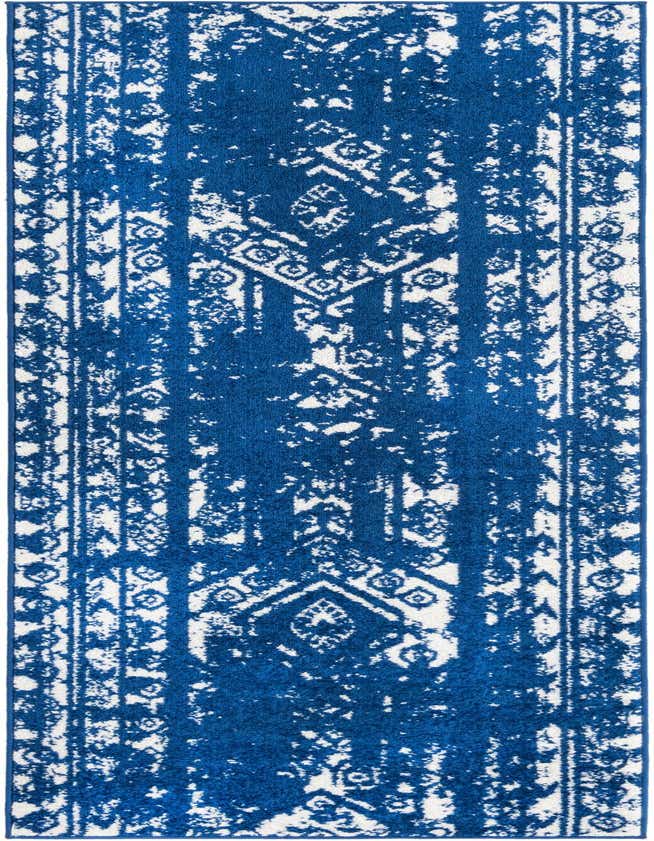 A navy blue and white distressed Southwestern runner rug with tribal patterns, ideal for a hallway or kitchen.