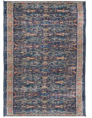 A 13 ft runner rug with a distressed navy blue, teal, and gold abstract tribal pattern, ideal for a hallway.