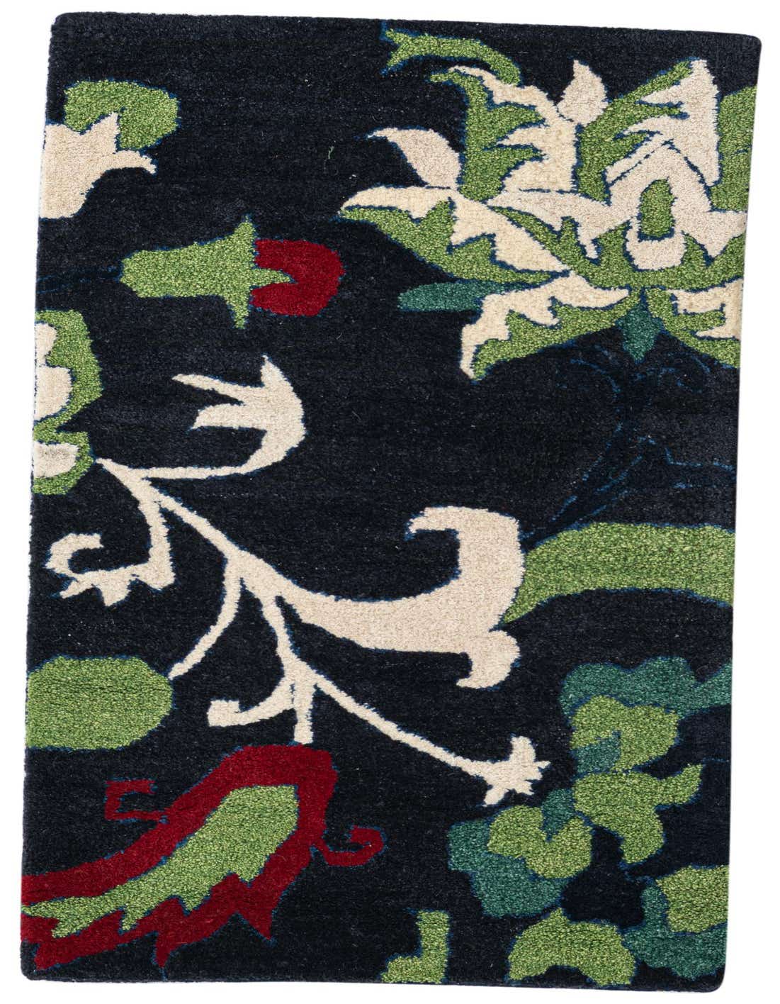 A 4 ft runner rug from the Rugs.com Luna collection, featuring a modern floral pattern in navy blue, cream, green, and red.