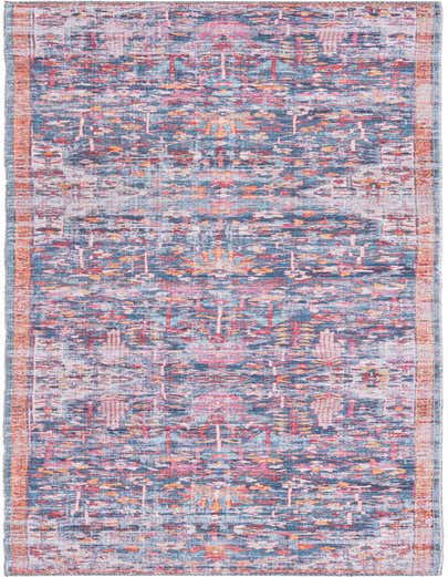 A 10 ft runner rug with a distressed traditional floral pattern in shades of blue, pink, orange, and red, featuring an orange border.