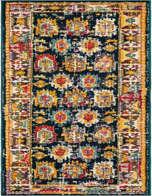 A 10 ft runner rug in a traditional Oriental style, featuring a navy blue background with vibrant red, yellow, and white distressed patterns.