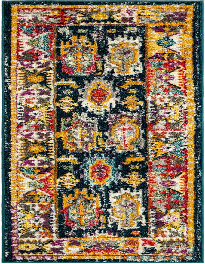 A vibrant 6 ft runner rug with a distressed, abstract pattern in blues, yellows, reds, and purples, ideal for a hallway.