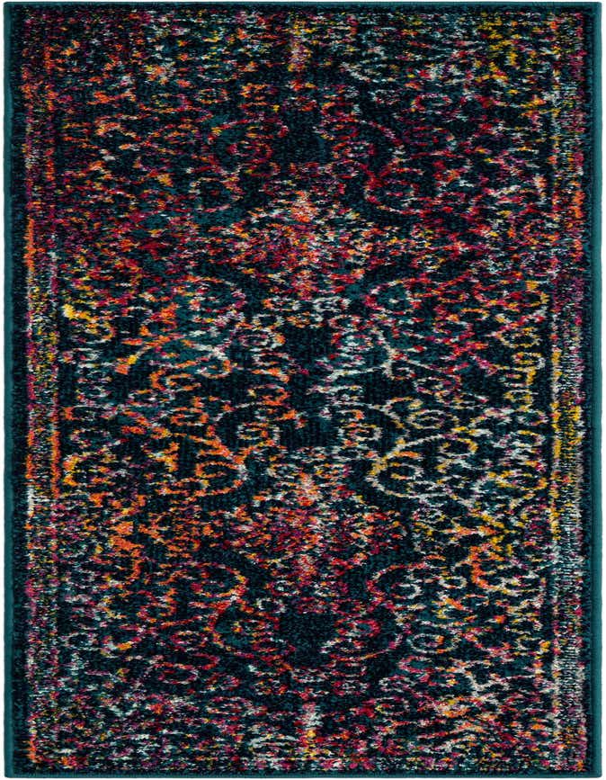 A 6 ft runner rug with a dark blue background and a distressed, colorful floral pattern in red, orange, yellow, and white.