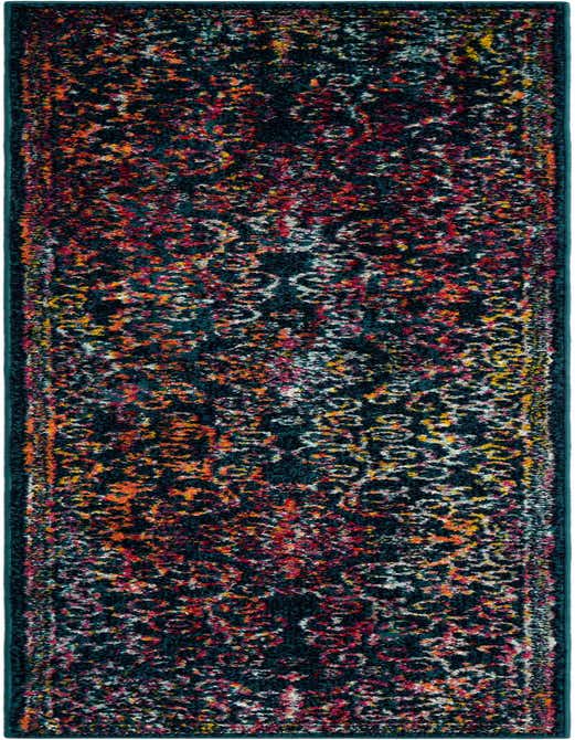 A long 8 ft runner rug in shades of navy blue, red, orange, and yellow, featuring a distressed abstract pattern, perfect for a hallway or kitchen.