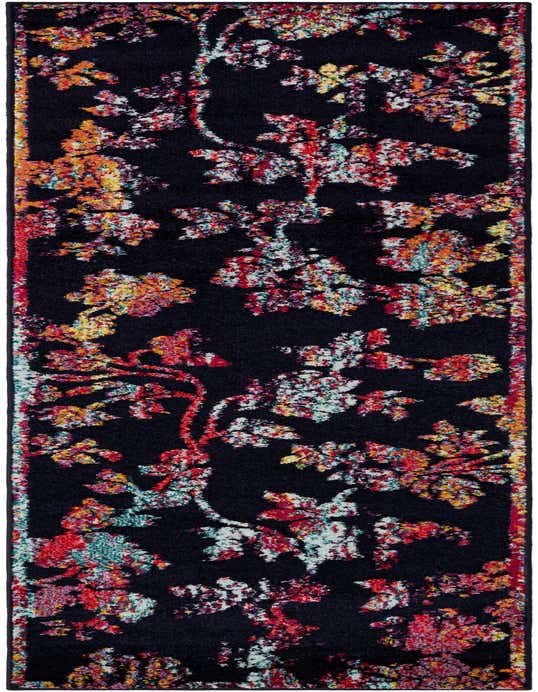 A 10 ft runner rug in navy blue with a distressed floral pattern in red, orange, yellow, and light blue.