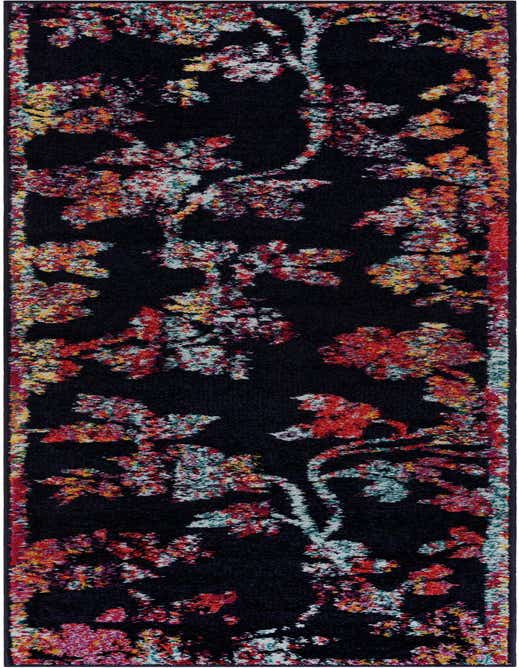 A navy blue 8 ft runner rug with a modern floral pattern in shades of red, orange, yellow, and light blue, ideal for a hallway or kitchen.
