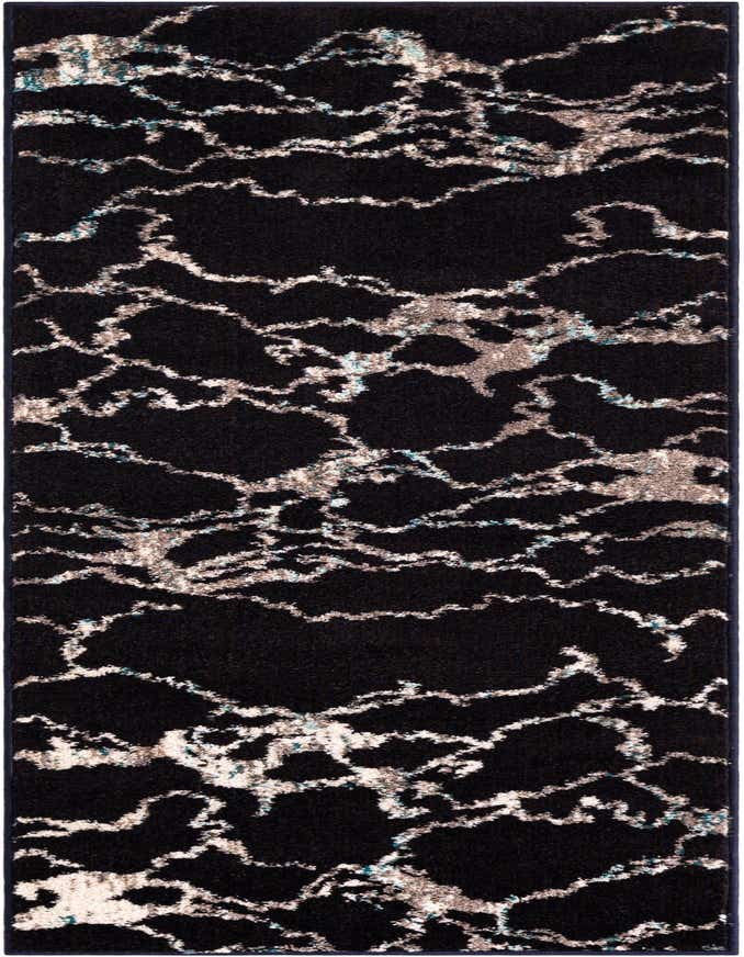 A 6 ft runner rug with a dark navy blue background and abstract, wavy patterns in light blue and beige.