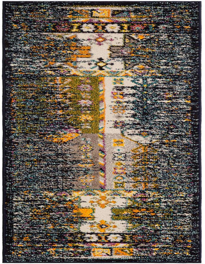 A 6 ft runner rug with a distressed blue background and a central abstract pattern in cream, yellow, green, and purple.
