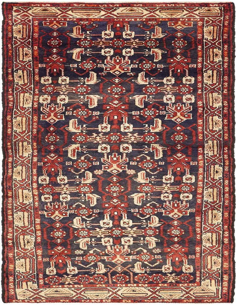 A 10 Ft Malayer runner rug featuring a deep navy blue field with intricate red and cream tribal patterns and a detailed border, perfect for a hallway.