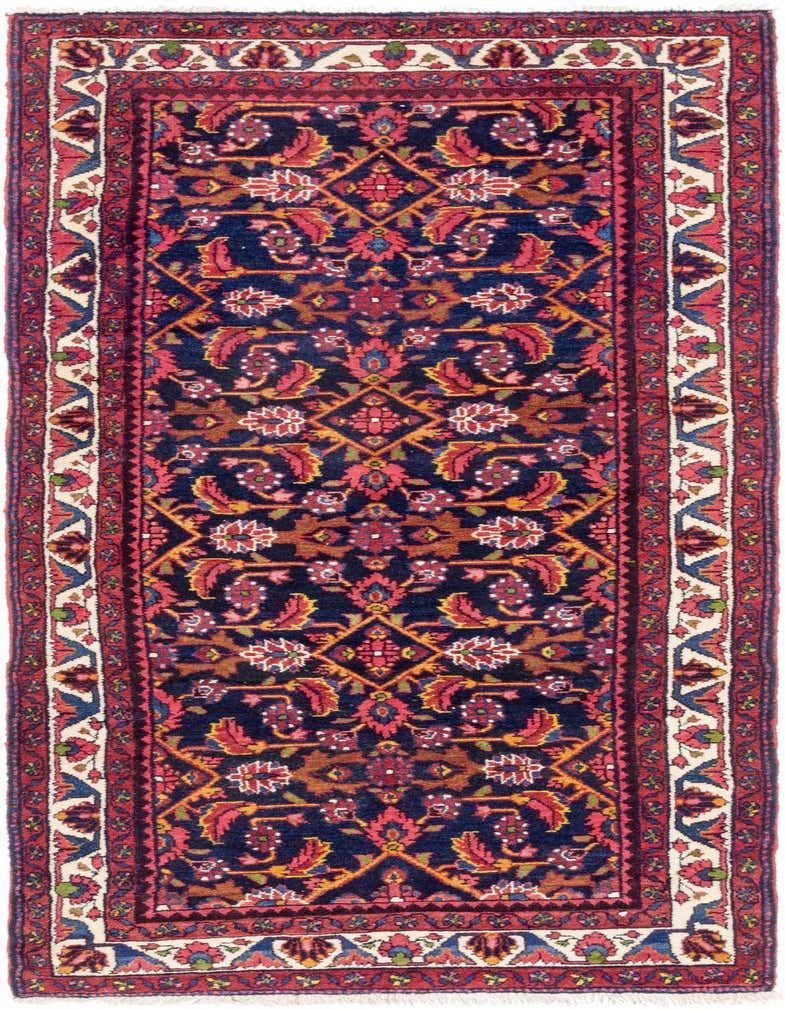 A 10 Ft Malayer runner rug featuring a deep navy blue field with intricate red, orange, and blue traditional tribal patterns, ideal for a hallway.