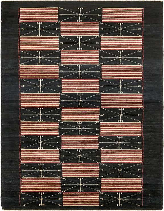 A 10 ft runner rug featuring a modern oriental pattern with navy blue, red, and cream squares, ideal for a hallway.
