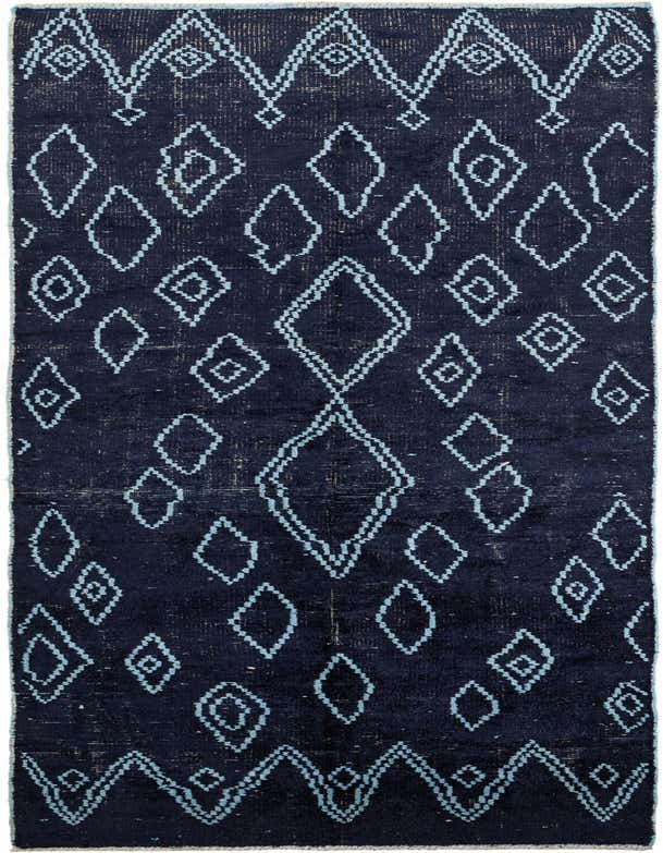 A 16 ft runner rug from the Rugs.com Moroccan collection, featuring a dark navy blue background with light blue tribal diamond and zigzag patterns, ideal for a hallway.